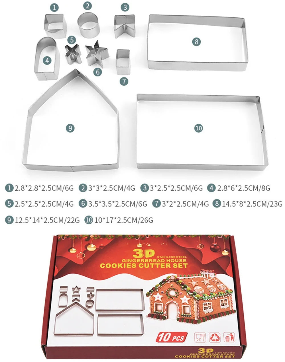🎄 10pc Stainless Steel 3D Gingerbread House Cutter Set