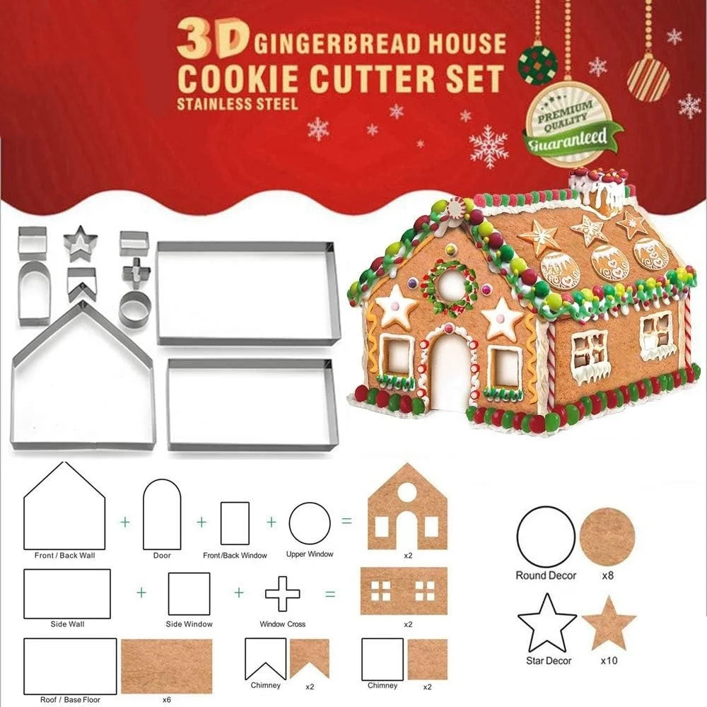 🎄 10pc Stainless Steel 3D Gingerbread House Cutter Set