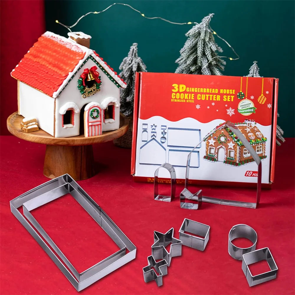 🎄 10pc Stainless Steel 3D Gingerbread House Cutter Set